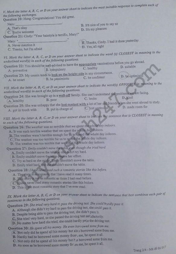 dap an de thi tieng anh 2