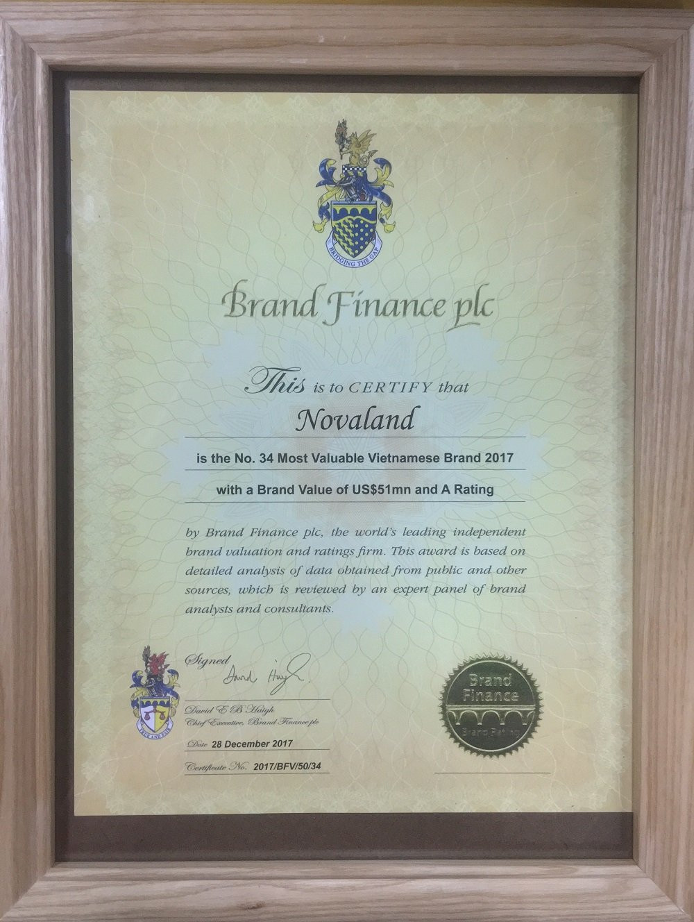 Certificate_Novaland_Vietnam's Top 50 Most Valuable Brands