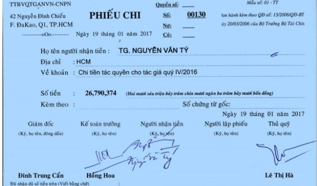 Phiếu chi tiền tác quyền âm nhạc gửi nhạc sĩ Nguyễn Văn Tý mà Trung tâm bảo vệ quyền tác giả âm nhạc phía Nam còn lưu giữ. Ảnh: PN.