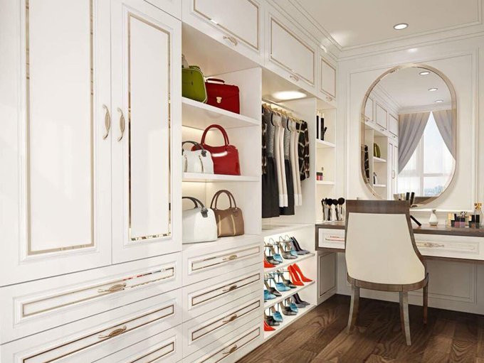 Bàn trang điểm và tủ quần áo của người đẹp được bố trí hợp lý, tiện dụng.