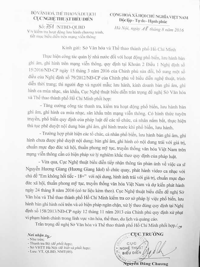 Huong Giang Idol phai lam viec voi So Van hoa ve MV 18+ hinh anh 1