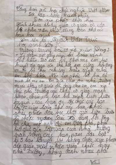 Lá đơn gây xúc động của nam sinh Quách Văn Trúc.