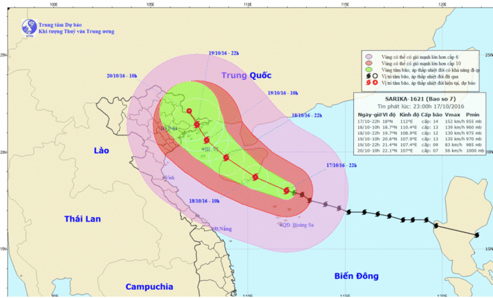 Tin mới nhất bão số 7 Sarika ngày 18/10: Tâm bão giật cấp 14, mưa to diện rộng