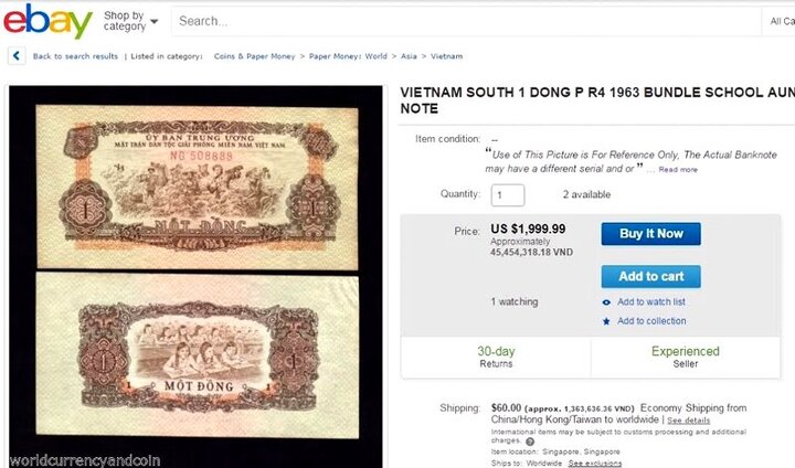 Tiền cũ 1 đồng Việt Nam 'hét giá' 45,5 triệu đồng trên eBay