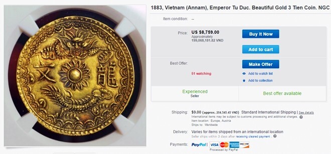 Đồng xu vàng thời vua Tự Đức giá 200 triệu đồng trên eBay