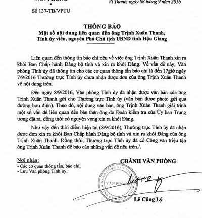 Hậu Giang phát công văn triệu tập ông Trịnh Xuân Thanh