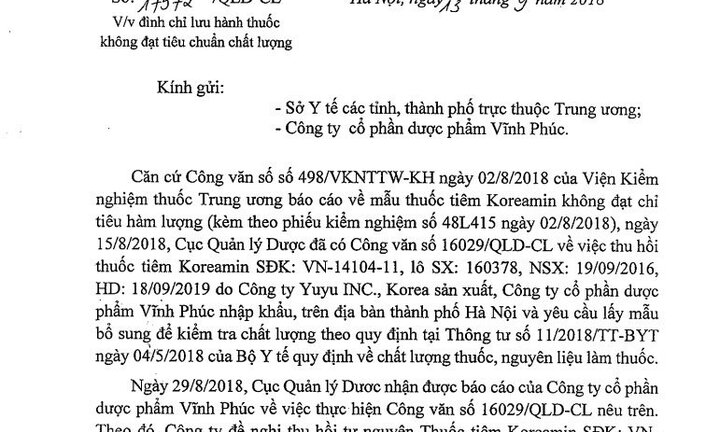 Thu hồi thuốc điều trị rối loạn chức năng não kém chất lượng