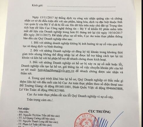 Cục ATTP xin lỗi doanh nghiệp vì hệ thống dịch vụ bị lỗi
