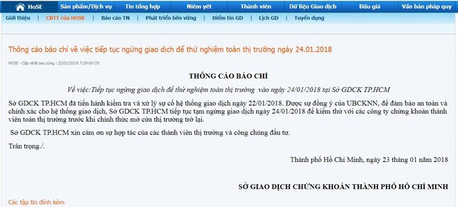 Sàn Chứng khoán TP.HCM tiếp tục ngừng giao dịch ngày 24/1