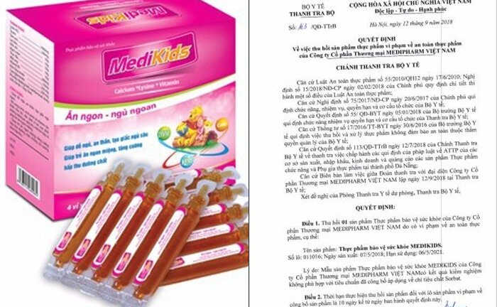 Không đủ tiêu chuẩn, thực phẩm bảo vệ sức khỏe Medikids bị thu hồi