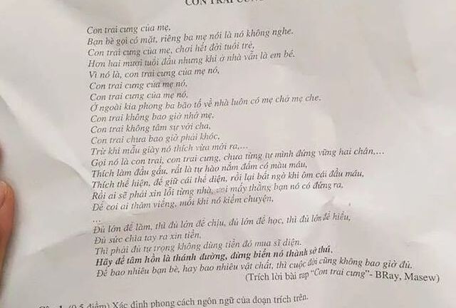 Bài rap 'Con trai cưng' vào đề thi Ngữ văn gây tranh cãi