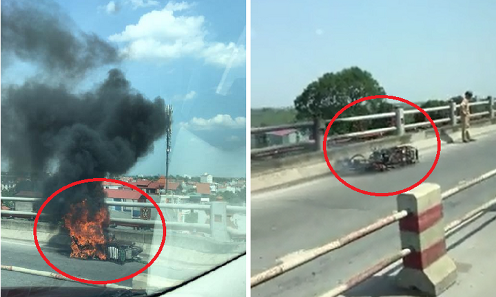 Xe máy cháy trơ khung sắt sau khi gặp tai nạn trên cầu Thanh Trì