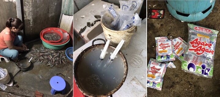 Bắt quả tang tiểu thương bơm, bán tôm có tạp chất ở chợ đầu mối Hà Nội