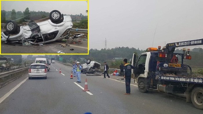 Xe Fortuner chở 6 người lật trên cao tốc Nội Bài - Lào Cai