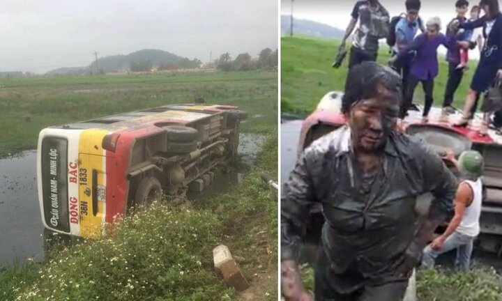 Đánh lái tránh xe công nông, xe buýt lật nghiêng, hàng chục khách 'tắm bùn'