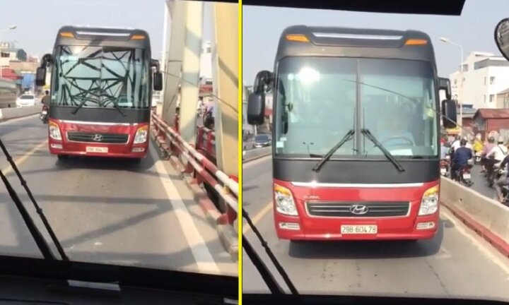 Đi vào đường ngược chiều, xe khách bật đèn khẩn cấp lùi trên cầu Chương Dương