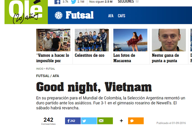 Báo thể thao hàng đầu Argentina ca ngợi ĐT futsal Việt Nam