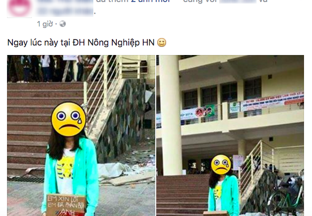 Cô gái quỳ giữa sân trường, ôm tấm biển 