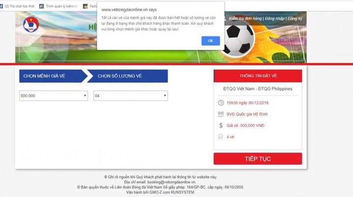 Hệ thống báo bán sạch vé online trận Việt Nam vs Philippines sau 4 phút