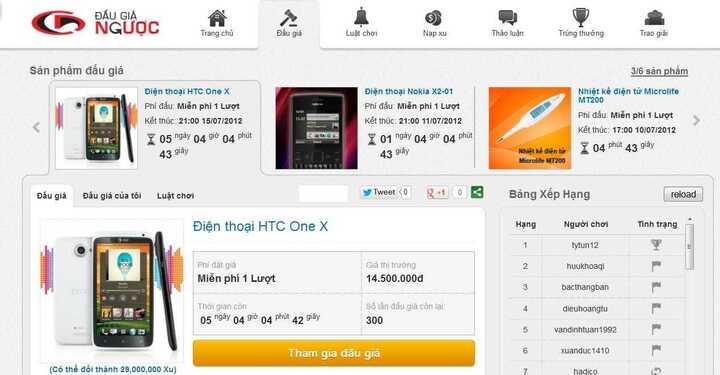 Đấu giá ngược nhận HTC One X miễn phí trên Chodientu.vn