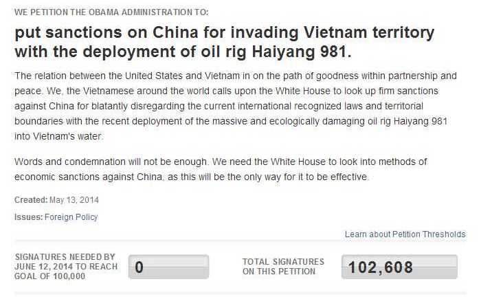 Đã đủ 100.000 người kiến nghị Mỹ trừng phạt Trung Quốc