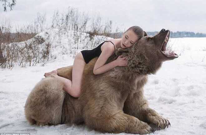 Thót tim xem người mẫu tạo dáng cùng gấu khổng lồ