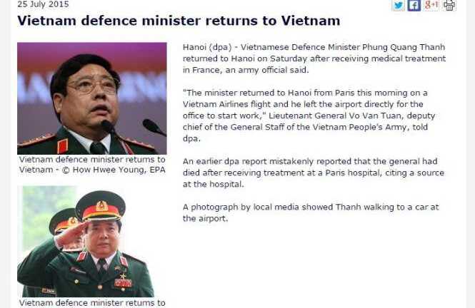 DPA đăng tin cải chính về đại tướng Phùng Quang Thanh