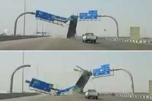 Kinh hoàng xe tải ‘xé toạc’ biển báo trên đường cao tốc