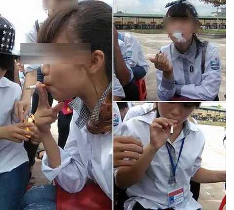 Phản cảm hình ảnh nữ sinh phì phèo thuốc lá trong ngày khai giảng