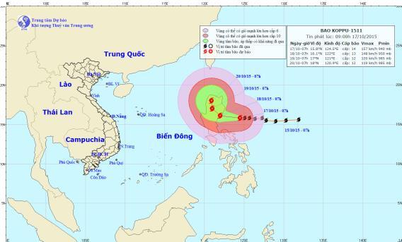 Bão Koppu giật trên cấp 17 đang hướng vào biển Đông