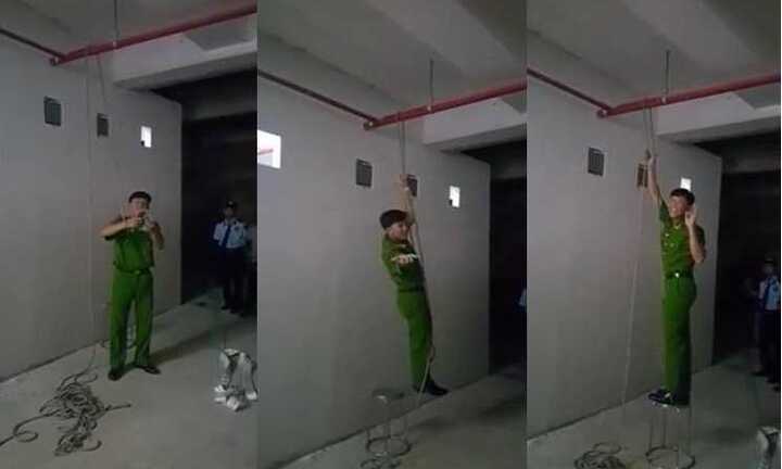 Clip: Anh công an vui tính hướng dẫn đu dây thoát hiểm