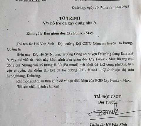 Đội trưởng CSGT xin vật tư của doanh nghiệp cho 'sếp' xây nhà