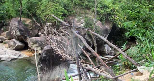 Rùng mình đi trên cầu làm bằng cành cây và dây rừng