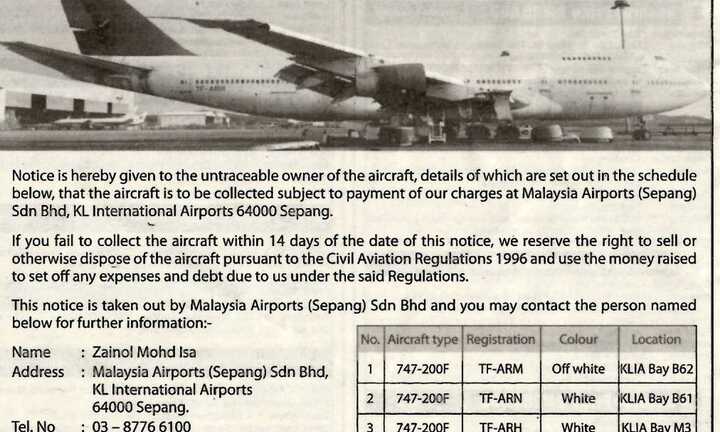 Đăng báo tìm chủ sở hữu 3 máy bay Boeing 747 bị bỏ rơi