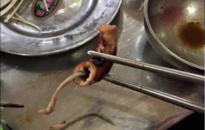 Hãi hùng sinh vật lạ dài ngoằng trong lòng lợn ở quán nướng
