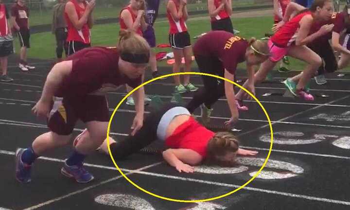 Cười vỡ bụng clip cô gái ‘vồ ếch’ liên tục trên vạch xuất phát