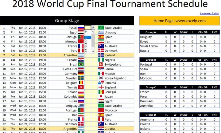 Lịch thi đấu World Cup 2018 bằng Excel - Tải file lịch WC 2018 mới nhất