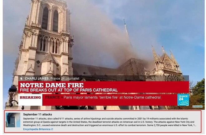 YouTube nhận nhầm vụ cháy Nhà thờ Đức Bà Paris là sự kiện 11/9