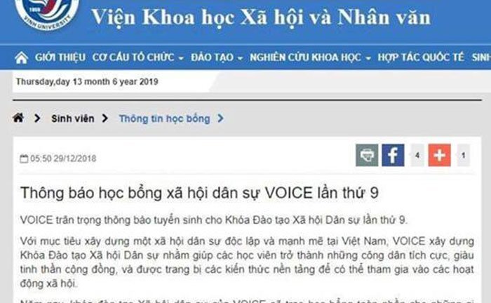 Công an điều tra website Đại học Vinh đăng thông tin học bổng cho tổ chức phản động