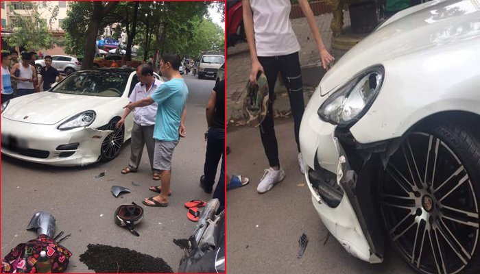Siêu xe Porsche Panamera bị xe máy tông móp đầu, nam tài xế không bắt đền
