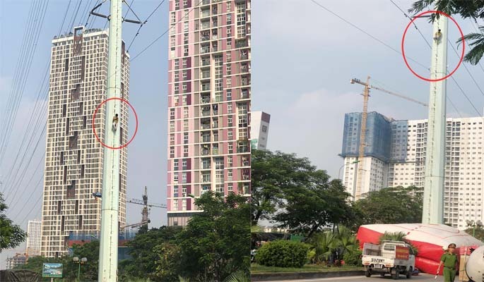 Người đàn ông trèo cột điện cao thế, lực lượng cứu hộ thuyết phục không chịu xuống