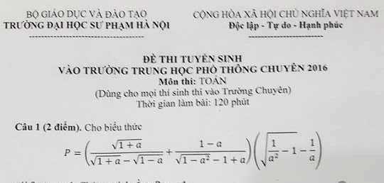Đề thi môn Toán vào lớp 10 THPT Chuyên Sư phạm năm 2016