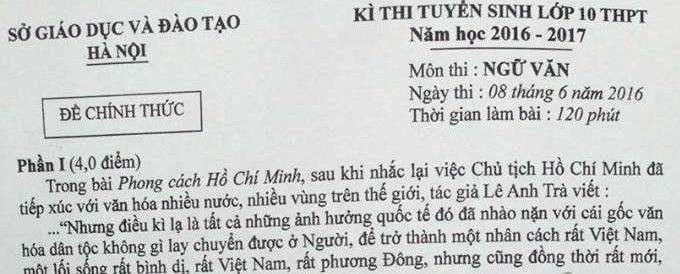 'Phong cách Hồ Chí Minh' vào đề thi Văn lớp 10 ở Hà Nội