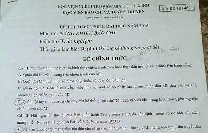 Đề thi năng khiếu vào Học viện Báo chí Tuyên truyền năm 2016
