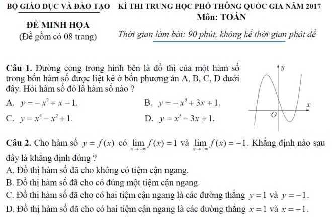 Đề thi minh họa môn Toán 2017: Chỉ gói gọn trong kiến thức lớp 12