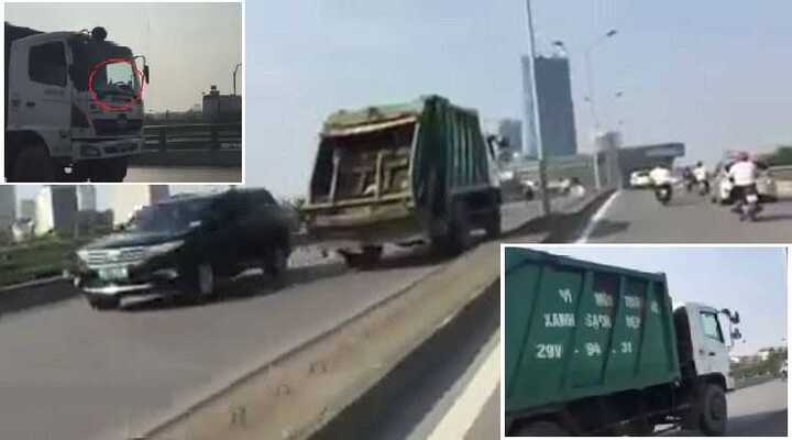 Xe chở rác ngang nhiên phóng ngược chiều trên cầu vượt giữa Thủ đô