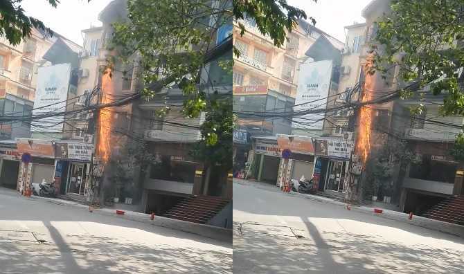 Cột điện bốc cháy ngùn ngụt trên phố Hà Nội