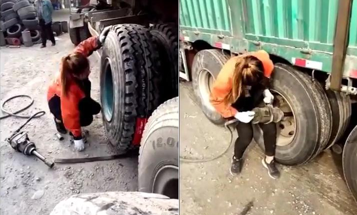 Cô gái xinh đẹp thay lốp xe tải thoăn thoắt khiến cánh mày râu 'lác mắt'