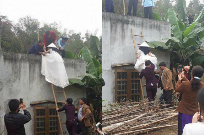 Xôn xao clip cô dâu leo thang, trèo tường vào nhà chồng trong ngày cưới vì... trót có bầu