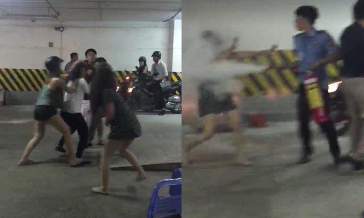 Hàng chục thiếu nữ ẩu đả trong hầm gửi xe, bảo vệ dùng bình cứu hỏa thị uy